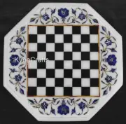 Octagon White Marble Coffee Table Top Chess Design Inlay Work Game Table
