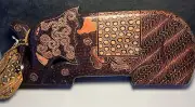 Vintage Hand Made Wooden Dakon Elephant Fold-Out Game Board + Terracotta pieces