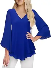 [Generic] Womens Trendy 3/4 Ruffle Sleeve Tops - Flowy Chiffon Blouses Double Casual Shirts Top - Summer Ruffle 3/4 Sleeve Loose Fit Tunic Shirts Dressy Blouse - Square Neck Loose Casual Tee Tunics
