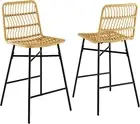 69 Cm Rattan Bar Stools Set of 2, Counter Height Bar Stools with Sturdy Metal Fr