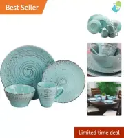 Stunning Turquoise 16-Piece Stoneware Dinnerware Set with Ocean Embossing