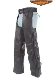 Unisex Black Cowhide Leather Motorcycle Touring Biker Chap W/ Fringe & Braid