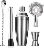 5-Piece Cocktail Shaker Set Shaker Strainer Jigger T-Mixing Spoon Muddler Barte
