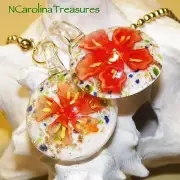 RED FLOWER GLITTER FLORAL BURST ART GLASS CEILING FAN LIGHT SWITCH PULL LG PAIR