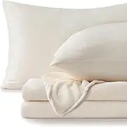 BEDELITE Flannel Sheets Queen Size White - Super Soft Fleece Sheets Set Fluffy Extra Plush, 4 Piece(Include Fitted Sheet, Flat Sheet, 2 Pillowcases)