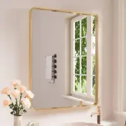 Gold Bathroom Mirror, 24X32 Inch Thick Brushed Metal Frame Wall Mirror, Modern R