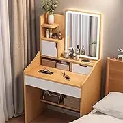 Dressing Table with Dimmable LED Lights, Modern Makeup Vanity, Makeup Table with 2 Drawers and Open Shelves, Wooden Bedroom Dresser(Natural)