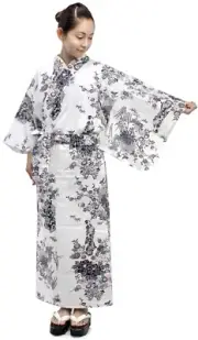 Women's Yukata Robe Japanese Summer Kimono - Peony & Beauty White