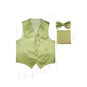 New men's tuxedo vest waistcoat & bow tie set horizontal stripes prom sage green