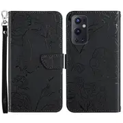 Butterfly Flowers Imprinting Pu Leather Phone Shell For Oneplus 9 Pro, Folio Flip Skin-touch Leather Wallet Stand Case Accessory With Handy Strap