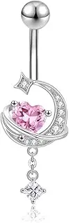 [Niaspi] 14G CZ Moon Dangle Belly Button Rings for Women Dainty Pink Heart Square Crystal Dangle Belly Button Ring Hypoallergenic Stainless Steel Belly Piercing Jewelry Navel Curved Barbell 3/8"