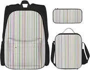 [WURTON] Striped. Print Backpack Set School Bookbag With Lunch Bag Pencil Case Combination Schoolbags Set, Black, One Size