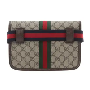 【GUCCI 古馳】Ophidia GG Supreme 帆布綠紅織帶小款腰包 90cm (米色/烏木色)/平行輸入