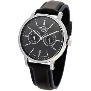 【MINI SWISS WATCHES】石英錶 43.5mm 黑色二眼錶面 黑色皮錶帶(黑色)
