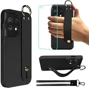 Case for OnePlus 11 5G 6.7"(2023) Phone Case,Wrist Strap Stand Bracelet Case with Tempered Glass Screen Protector Silicone Shockproof Protective Cover Wristband Phone Case for Oneplus 11 5G - Black