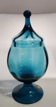 Empoli Teal Blue Apothecary Jar Candy Dish w/ Circus Tent Lid Italian 11.5” VTG