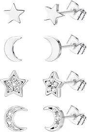 [Sanfenly] 4 Pairs Stud Earrings,Stainless Steel Hypoallergenic Earrings Set, Titanium Tiny Earrings Cubic Zirconia Surgical Steel Studs Earrings Moon And Stars Earrings For Women/Girls Kids
