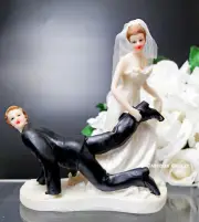 Bride And Groom Cake Topper Dragging By The Leg Funny Couple Wedding 6.5" Tall