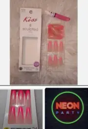 KISS Sculpted Nails NEON PARTY, Retro, Glossy Neon Pink Modern French, Glue,XL