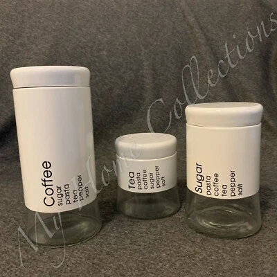 White 3pc Canister Set - Tea, Coffee, Sugar Storage Jars, Airtight Glass