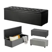 Oikiture Storage Ottoman Blanket Box Faux Linen/PU Leather Toy Foot Stool L/XL
