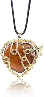 [Xiao Hua] necklace pendant, handcrafted for men and women, with a butterfly life tree pendant wrapped in silk. Natural crystal stone heart-shaped necklace (brown), 3.7*4.2cm/1.5*1.7in, Alloy+Natural