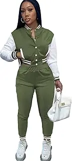 [ANICECUT] Casual Sweatsuits for Women Set 2 Piece Long Sleeve Patchwork Button Down Varsity Jacket Sweatpant Workout Tracksuit