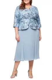 Alex Evenings Sequin Stretch Crepe Cocktail Dress & Jacket in Dusty Blue at Nordstrom, Size 14W