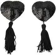[Cocobla] Women's Reusable Silicone Sequin Adhesive Cover Pie Bra Cover Bonded Heart Breast Bra with Fringe (BLACK)