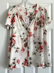Rose Olive Tunic Top Womens 1X White Pink Floral Button Front Smocked NwT