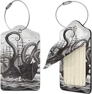 [STVYUKL] Black and White Octopus and Ship Luggage Tags 1 for Suitcase Waterproof Leather Suitcase Tags Privacy Cover Name Id Label and Metal Loop Baggage Tags for Women Men Travel