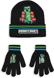[Minecraft] Quick List Boys Beanie & Gloves Set | Gamer Kids TNT Creeper Graphic Knitted Winter [QL], Black, One Size