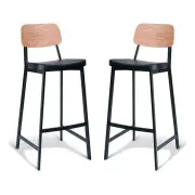 Set of 2 - Espriit Enfys Industrial Bar Stool 75cm - Black Frame - Natural Oak Back - Black Cushion Seat