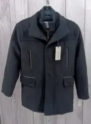 Cole Haan Men Black Heavy Plush Wool Car Coat Jacket Faux Leather Trim Small-AA2