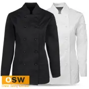 LADIES BLACK/WHITE FIT TAILORED MANDARIN COLLAR LONG SLEEVE CHEF JACKET UNIFORM