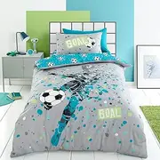 Bedding Bedlam - Blue Aqua Football Duvet Cover - Single Size (200 x 140cm) - Reversible (2 Designs) - Football Football Themed Duvet Cover - Football Bedroom Accessories - Soccer