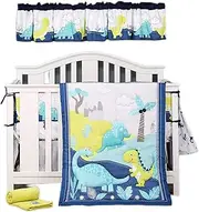 Sweet baba Dinosaur Crib Bedding Set for Baby Girls, Blue Crib Set, 6 PCS Nursery Bedding Set with Crib Quilt/Sheet/Dust Ruffle/Blanket/Diaper Stacker/Curtain