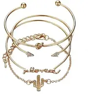 [COMVIP] Love Knot Triangle Retro Open Cuff Chain Stackable Bracelet 4pcs Gold