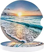 Small Car Coasters for Cup Holders 2.65" Absorbent 2 Pack Car Coasters Neoprene for Drinks Absorb Water Drops Ocean Theme Sand Beach Wave Sea Water Pattern Set of 2