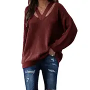 Nevenka Womens V Neck Sweaters Hollow Out Knit Pullover-Coffee
