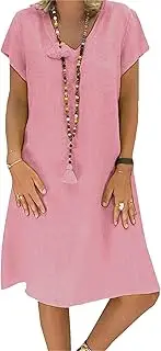 [Generic] Women's Summer Cotton Linen Dress Cup Sleeve Travel Sundress for Beach, Vacation, and Spring Outfits