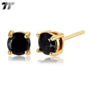 TT 18K Gold Plated Black CZ Round Stud EarringsA Pair (ER02D) NEW