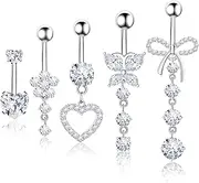 [GwaOery] 5PCS Belly Button Bars Silver Belly Button Piercing Stainless Steel Belly Rings Belly Button Bars Hoops Body Jewelry Piercing Heart Bow Navel Piercing Jewelry for Womens Girls, Stainless Steel