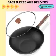 Lyeef Carbon Steel Wok Stir Fry Pan with Flat Bottom Black Durable Cookware