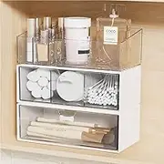 Bawuie 3 Tier Medicine Cabinet Shelves Organizer, Stackable Bathroom Storage with 2 Drawers and Makeup Holder Compartment Tray with Dividers for Wall Cabinet Mirror, Vanity, Countertop, Clear Plastic