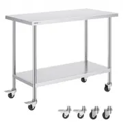 VEVOR Stainless Steel Work Table 24 x 48 x 38 Inch, with 4 Wheels, 3 Adjustable Height Levels, Heavy Duty Food Prep Worktable for Commercial Kitchen R