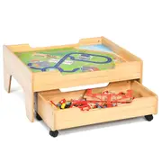 Babyjoy Kids Wooden Train Railway Track Table Set Activity Playset Table w/Storage Drawer Xmas Gift for Age 3+