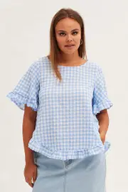 Blue Check Relaxed Top Short Sleeve Ruffle