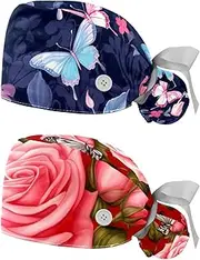 [YTYVAGT] 2-Pc,Nurse Scrub Caps,Scrub Hats with Buttons and Cotton Sweatband,Butterfly Rose Flower