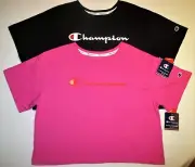 NWT Women M L CHAMPION Brand CROPPED TEE, PINK Amaranth Script Logo HALF T-SHIRT